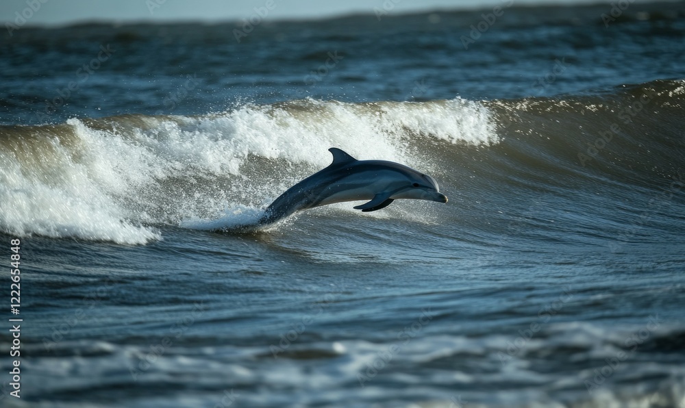 Fototapeta premium Dolphin leaping from ocean waves on a sunny day