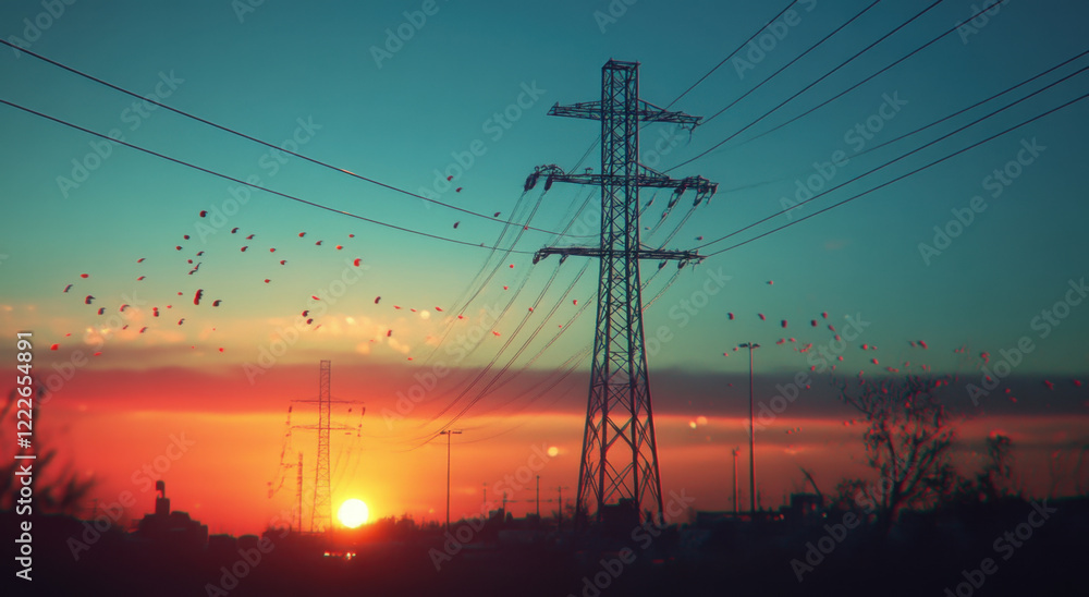Fototapeta premium Sunset view with electric pylon silhouetted against vibrant sky and flocks of birds in motion