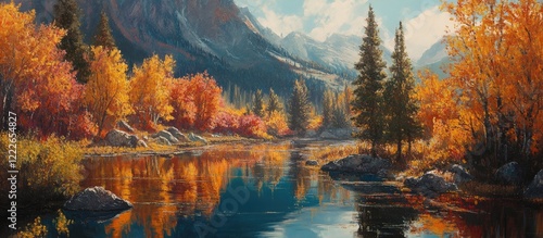 Autumn landscape featuring vibrant orange and red foliage with a serene river reflecting mountains and trees under a clear blue sky
