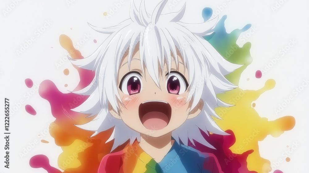 Joyful anime boy, colorful splash background, happiness, promotional image Joyful anime boy, colorful splash background, happiness, promotional image