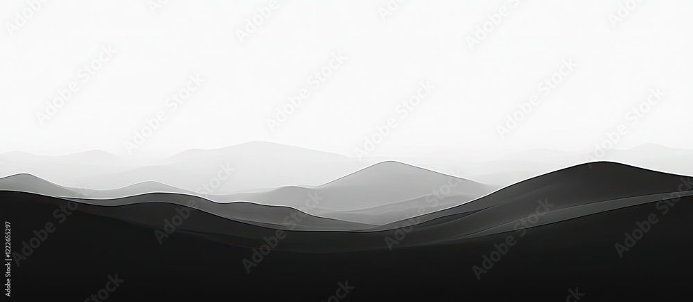 Fototapeta premium Minimalist black and white landscape featuring smooth curved mountains fading into a serene horizon with soft gradients creating tranquility.