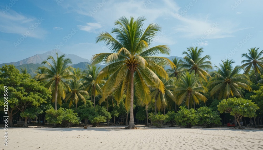 Lush Tropical Beach with Majestic Palm Trees and Mountains Lush Tropical Beach with Majestic Palm Trees and Mountains