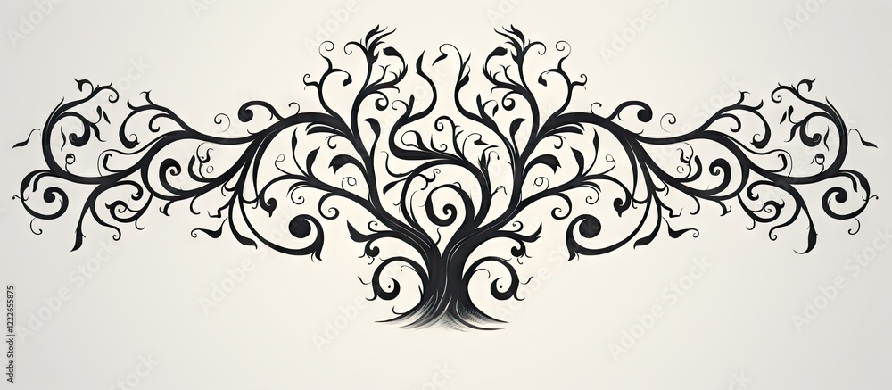 Intricate black tree design with swirling branches centered on light grey background showcasing the beauty of nature and life. Intricate black tree design with swirling branches centered on light grey background showcasing the beauty of nature and life.