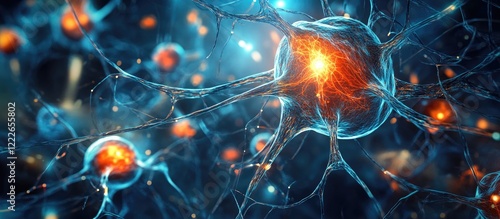 Abstract representation of neurons with glowing orange nuclei on a blue background, showcasing intricate connections and luminescent details. photo