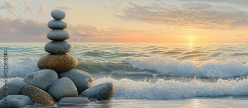 Serene sunrise over ocean waves with stacked rocks on the right side creating a tranquil landscape, soft blues and warm oranges in the sky