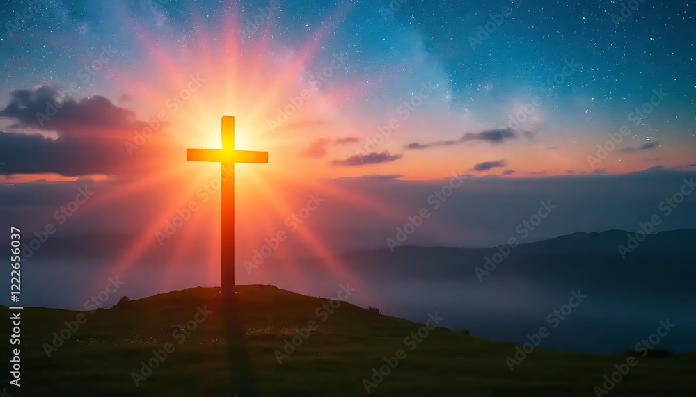 Fototapeta premium Majestic Cross Silhouette At Sunrise Over Misty Mountains