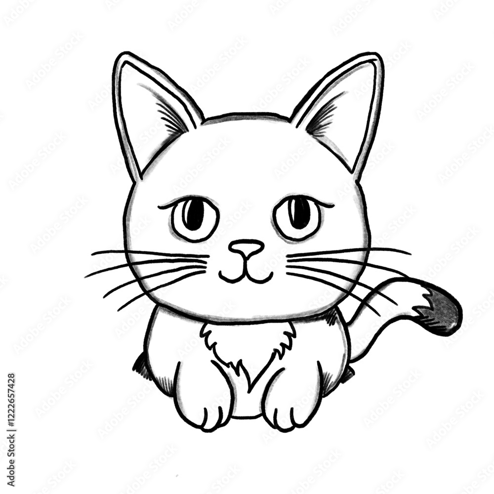 kitty cat, cartoon, cat, kitten, hand-drawn pencil drawing, illustration, black, transparent background, PNG, tattoo
