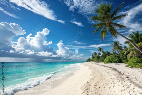 Wallpaper Mural Idyllic tropical beach scene with pristine white sand, turquoise water, and lush palm trees under a vibrant blue sky Torontodigital.ca