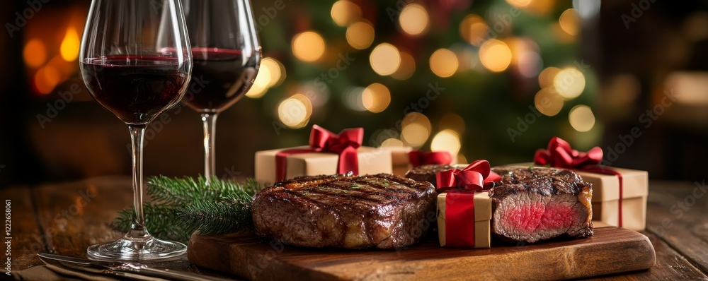 Elegant dinner setting featuring red wine, steak, and gift boxes arranged for a special occasion Elegant dinner setting featuring red wine, steak, and gift boxes arranged for a special occasion