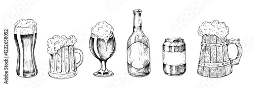 Vector Glass of beer with cap of foam. Graphic ink ale illustration isolated on background. Hand drawn line sketch. For designers, prints, logo, menu, postcards, wrapping paper, holiday, covers