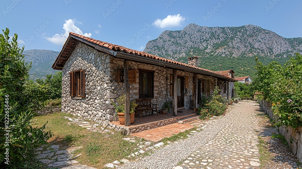 Fototapeta premium Stone Cottage Nestled Amongst Lush Greenery And Mountains