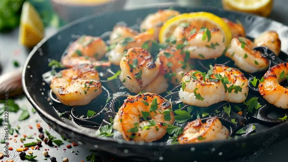 Juicy grilled shrimp are beautifully arranged on a black plate, garnished with fresh greens and served with lemon slices. Ideal for outdoor dining during the warm season. Juicy grilled shrimp are beautifully arranged on a black plate, garnished with fresh greens and served with lemon slices. Ideal for outdoor dining during the warm season.