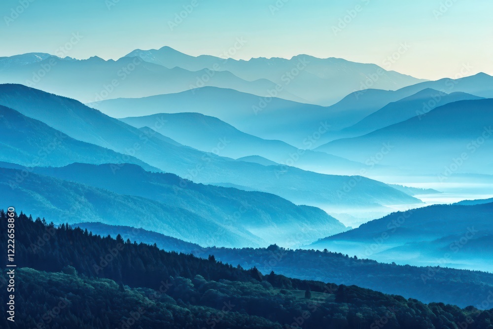 Obraz premium Serene Layers of Blue Mountains Under a Misty Sky