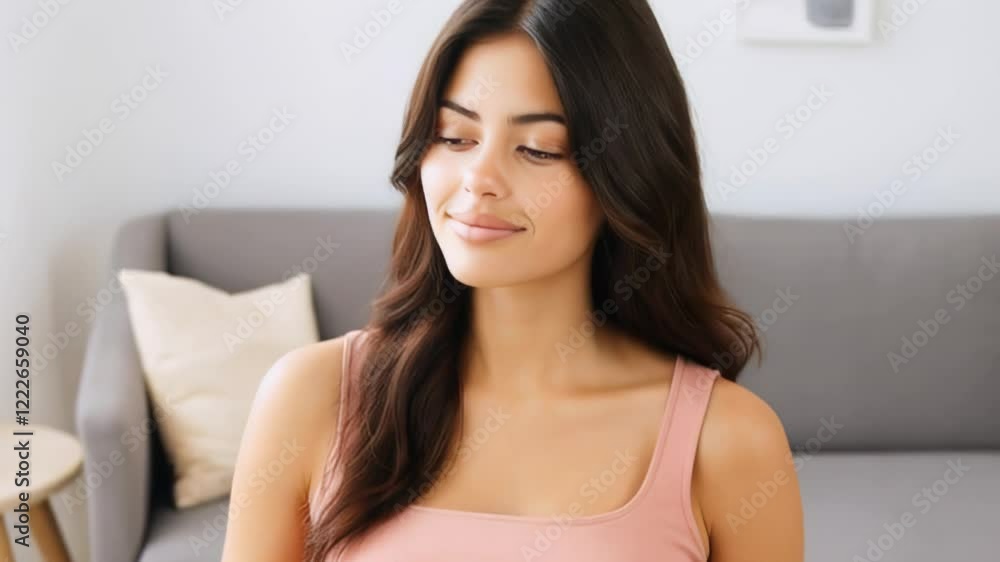 Pregnant woman in light clothing shows baby bump while sitting indoors in a cozy setting Pregnant woman in light clothing shows baby bump while sitting indoors in a cozy setting