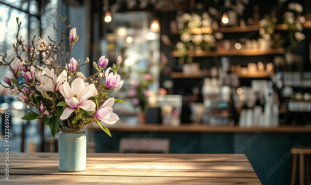 Empty wooden table in front spring magnolia flowers blurred background banner for product display in a coffee shop Empty wooden table in front spring magnolia flowers blurred background banner for product display in a coffee shop