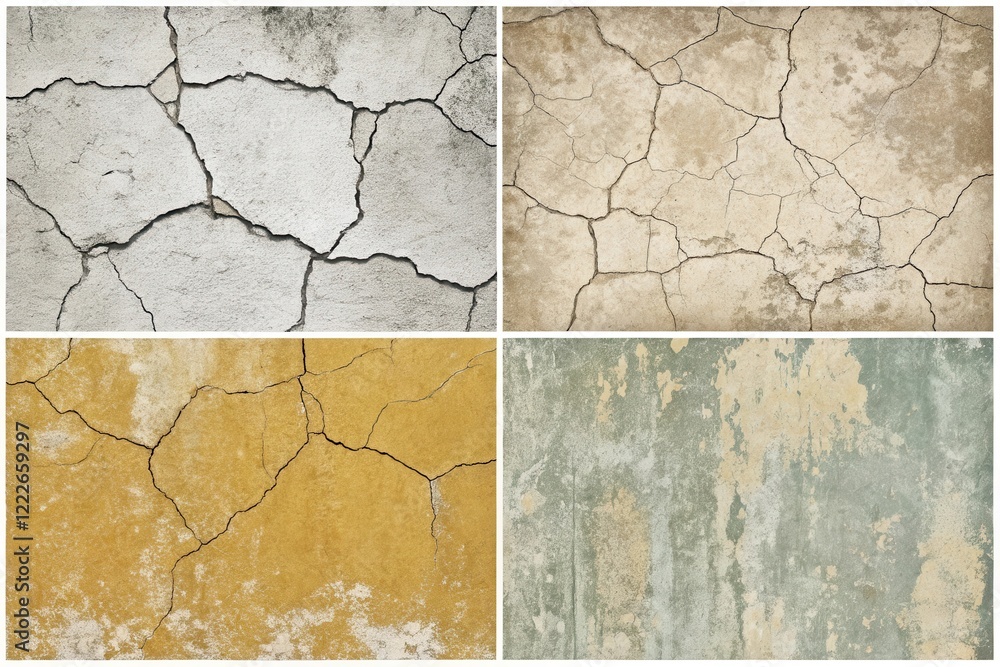 Obraz premium A Collection of Four Distressed Wall Textures Featuring Cracks and Flaking Paint in Various Colors