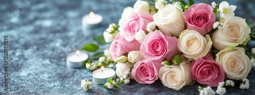A Beautiful Bouquet of Mourning Roses and White Candles on the Table, Set Against a Dark Background, Evoking a Somber and Reflective Atmosphere, with Space for Text.