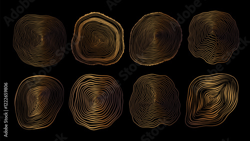 Set of linear tree stump prints. Wooden silhouette. Wood texture with concentric rings. Golden wooden annual rings textures. Tree ring pattern. Wood in cross section