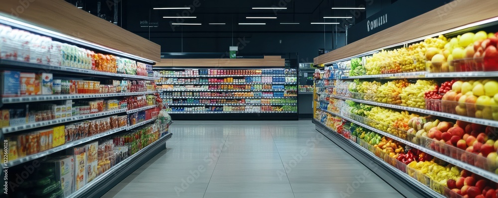 Wide aisle view in modern grocery store with fresh produce and packaged goods