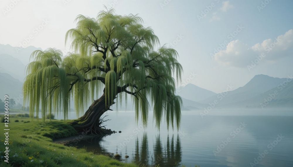Obraz premium Serene Willow Tree by a Misty Lake, Perfect for Nature Lovers