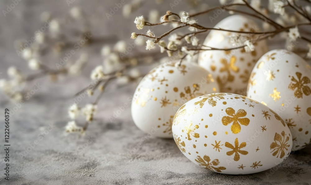 Obraz premium Decorative eggs with gold accents displayed on a textured surface for spring celebration