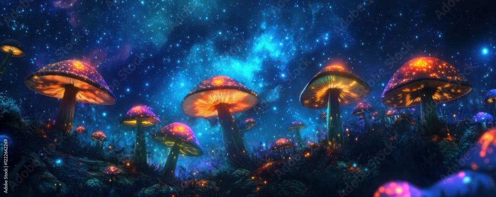 Enchanted night scene with glowing mushrooms and starry sky in a mystical forest Enchanted night scene with glowing mushrooms and starry sky in a mystical forest