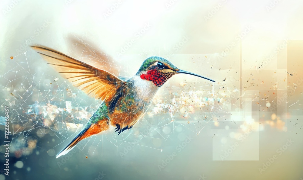 Fototapeta premium Digital creativity concept with humming bird flying, Generative AI illustration