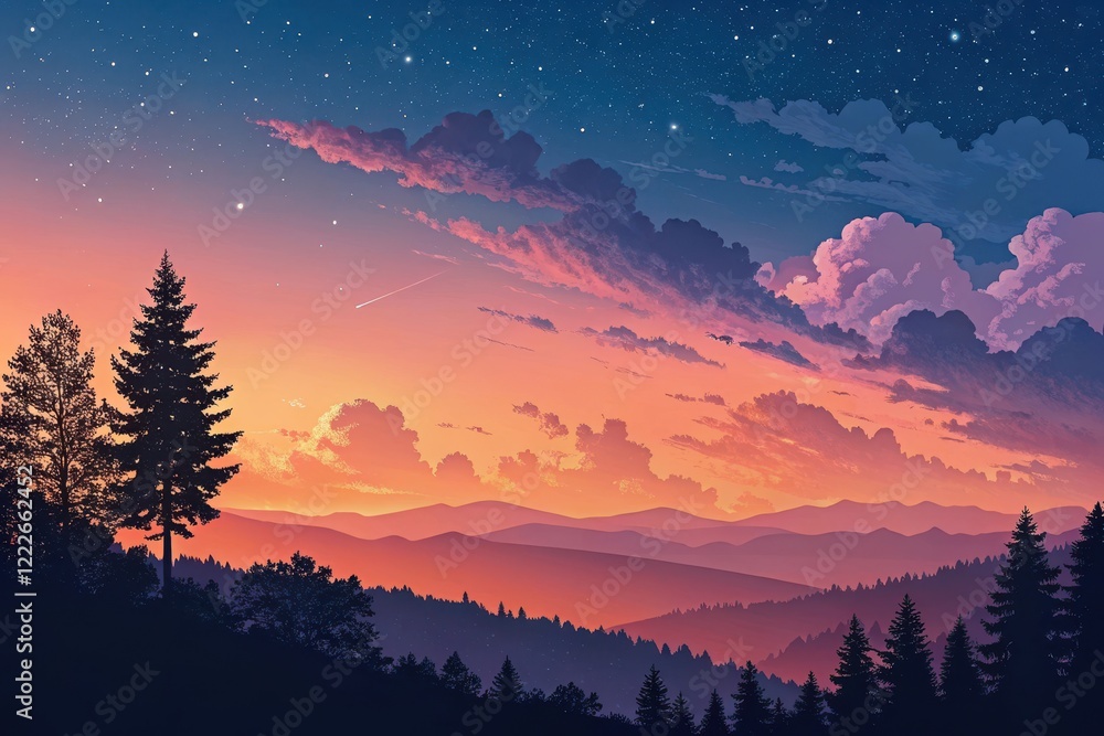 Serene Sunset Landscape Silhouetted Trees Against a Vibrant Sky with Shooting Star Serene Sunset Landscape Silhouetted Trees Against a Vibrant Sky with Shooting Star