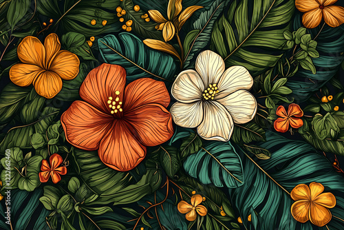 Wallpaper Mural Vibrant tropical floral arrangement featuring orange and white hibiscus flowers surrounded by lush greenery Torontodigital.ca