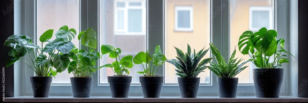 Fototapeta premium Indoor plants on windowsill, city view. Home decor, plant care