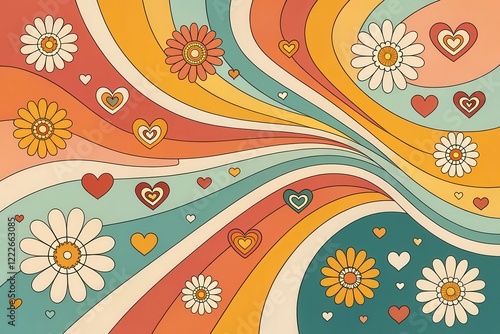 Retro Groovy Swirls A Whimsical Design of Hearts and Flowers