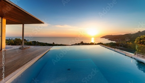 vista espectacular de una piscina infinita al atardecer en una lujosa villa junto al mar photo