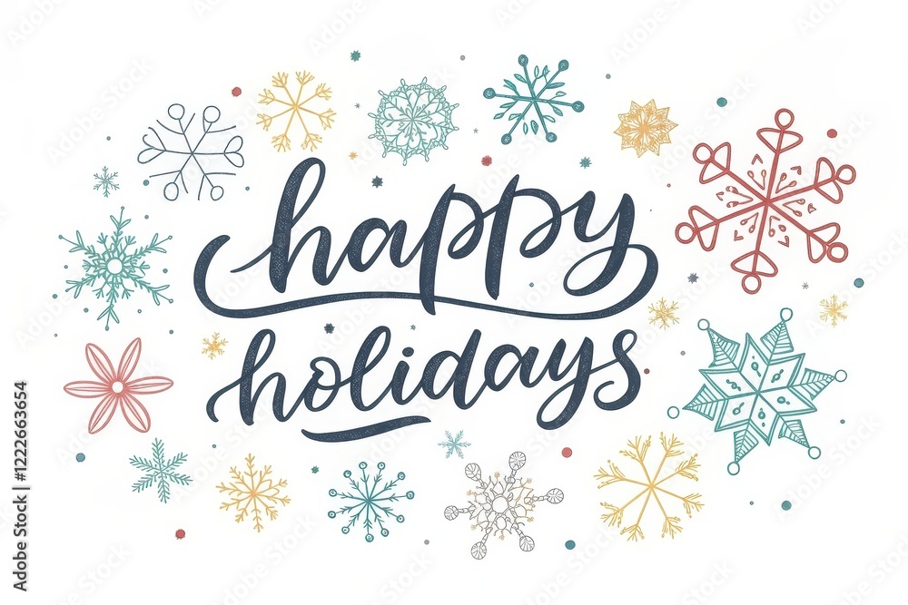 Fototapeta premium A festive winter design featuring a hand-lettered happy holidays message encircled by decorative snowflakes and flowers