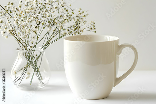 White mug mockup against a pristine white background, perfect for showcasing custom designs or logos. photo