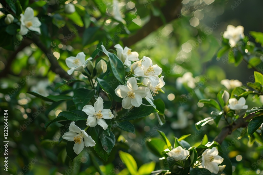 Fototapeta premium Close up of delicate white flowers blooming on a tree branch, illuminated by warm spring sunlight