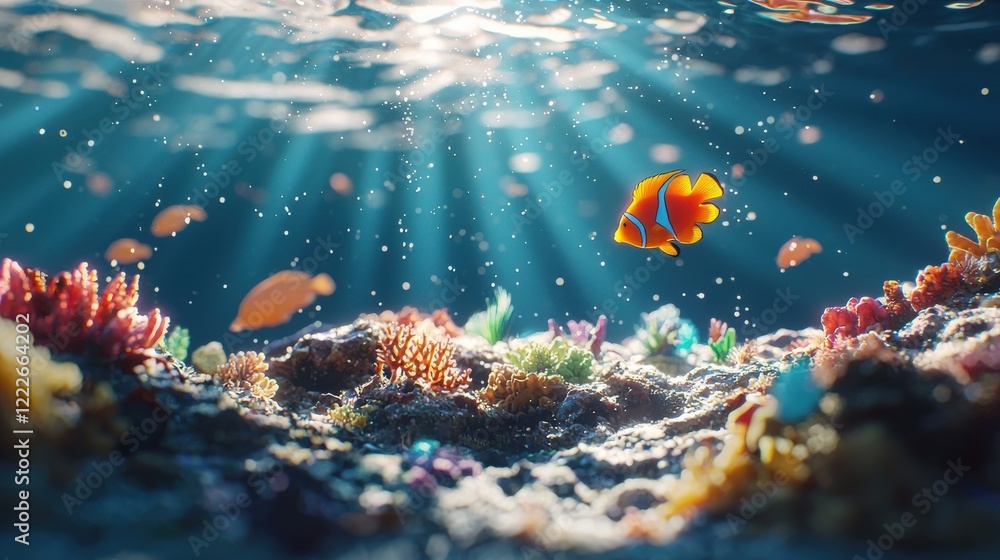 Fototapeta premium Low angle of a coral reef ecosystem thriving under clear ocean water.