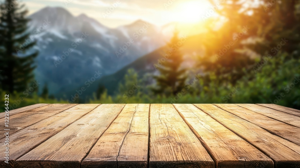Rustic plank table surrounded by chairs, mountain bokeh, outdoor adventure and coziness Rustic plank table surrounded by chairs, mountain bokeh, outdoor adventure and coziness