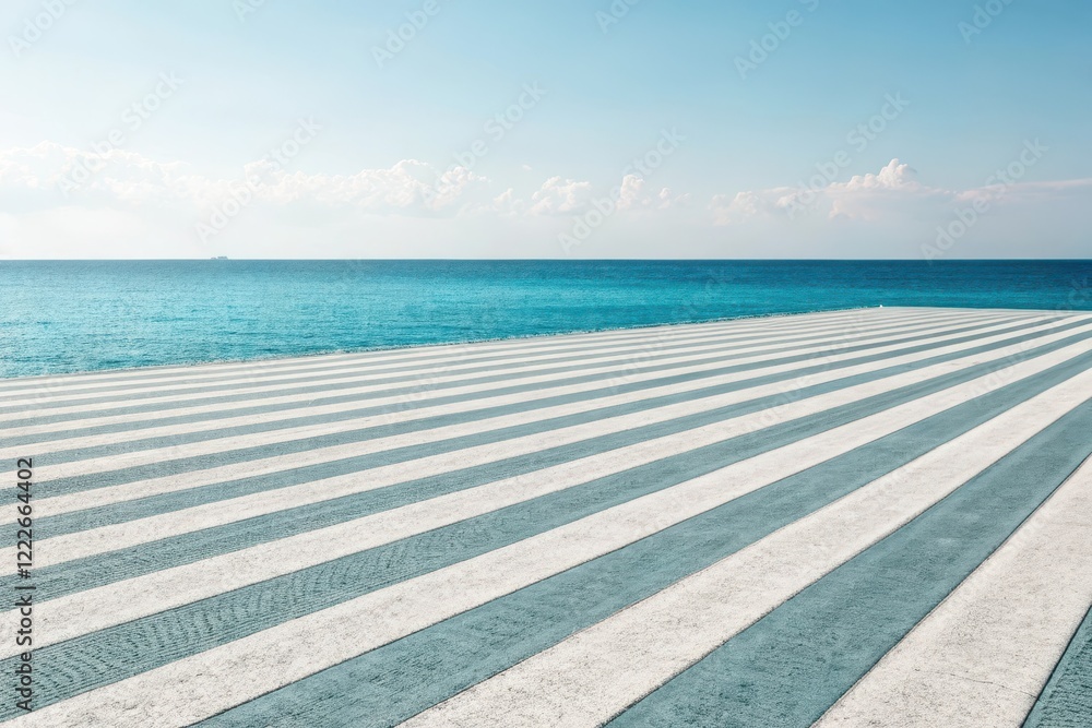 Fototapeta premium Striped coastal promenade extending to a calm ocean horizon under a bright summer sky