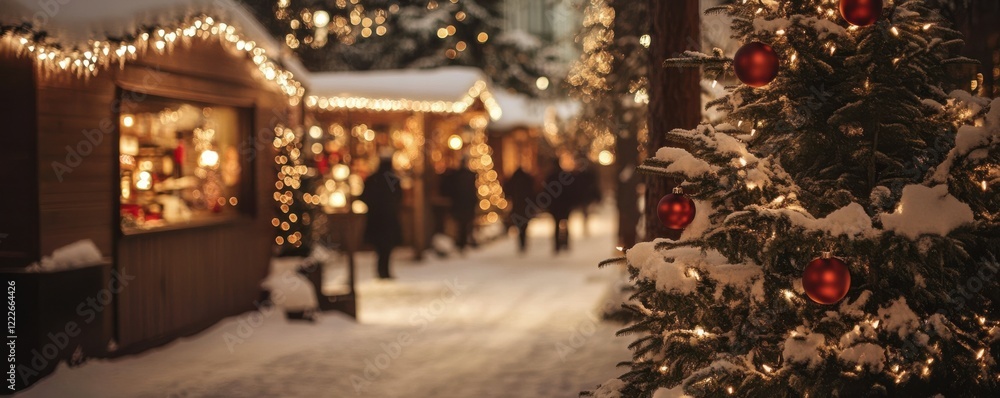 Festive christmas market with snow-covered trees and illuminated lights