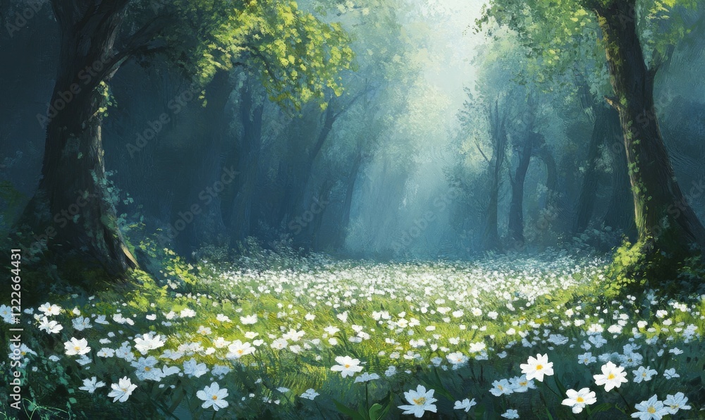 Obraz premium Forest glade full of white spring flowers