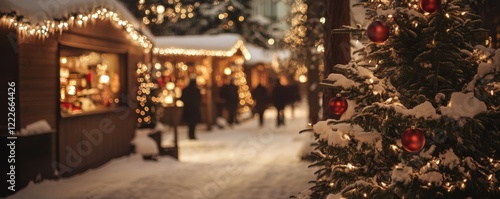Obraz na płótnie Festive christmas market with snow-covered trees and illuminated lights w salonie