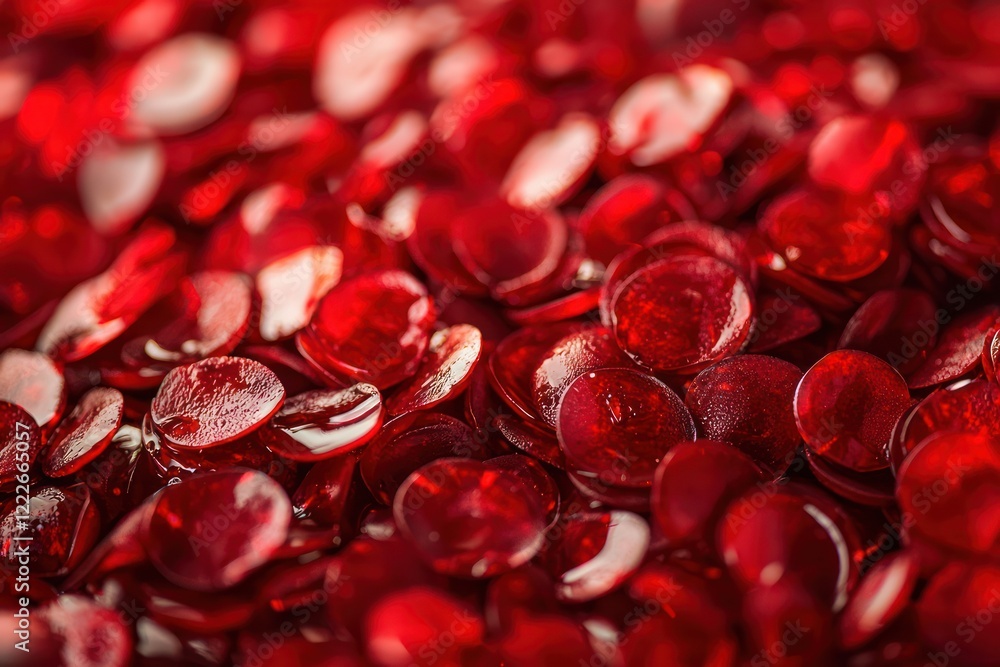 A close-up of shiny red circular beads scattered across a surface. A close-up of shiny red circular beads scattered across a surface.