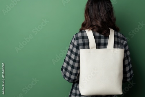 A woman wearing a checkered shirt with a stylish tote bag against a solid green background, showcasing modern casual fashion. photo