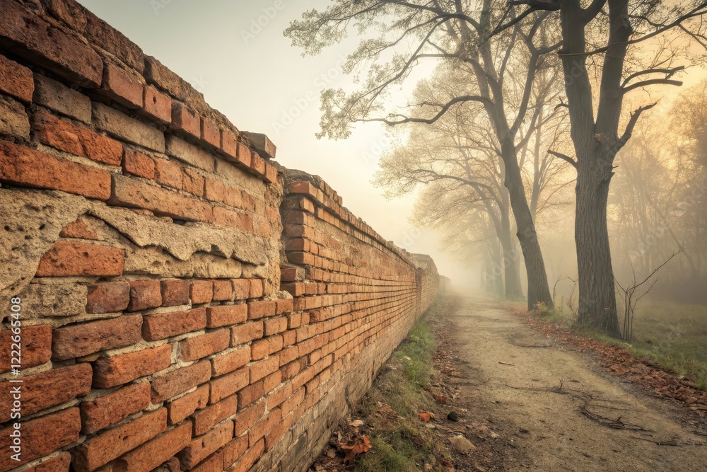 A crumbling brick wall lines a misty autumn path, bordered by leaf-strewn ground and tall trees A crumbling brick wall lines a misty autumn path, bordered by leaf-strewn ground and tall trees