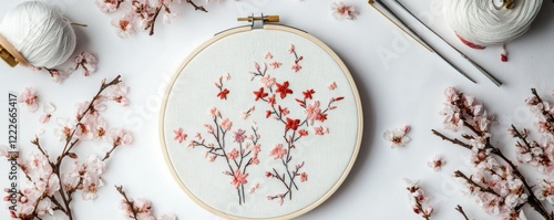 Cherry blossom embroidery hoop with pink flowers and thread on white background photo