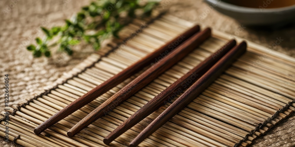 A set of wooden chopsticks arranged on a bamboo mat beside a small bowl of tea. A set of wooden chopsticks arranged on a bamboo mat beside a small bowl of tea.