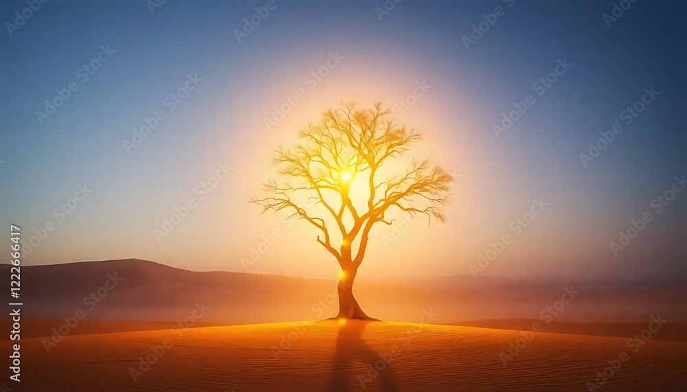 Lone Desert Tree Silhouetted Against Sunrise Glow Lone Desert Tree Silhouetted Against Sunrise Glow