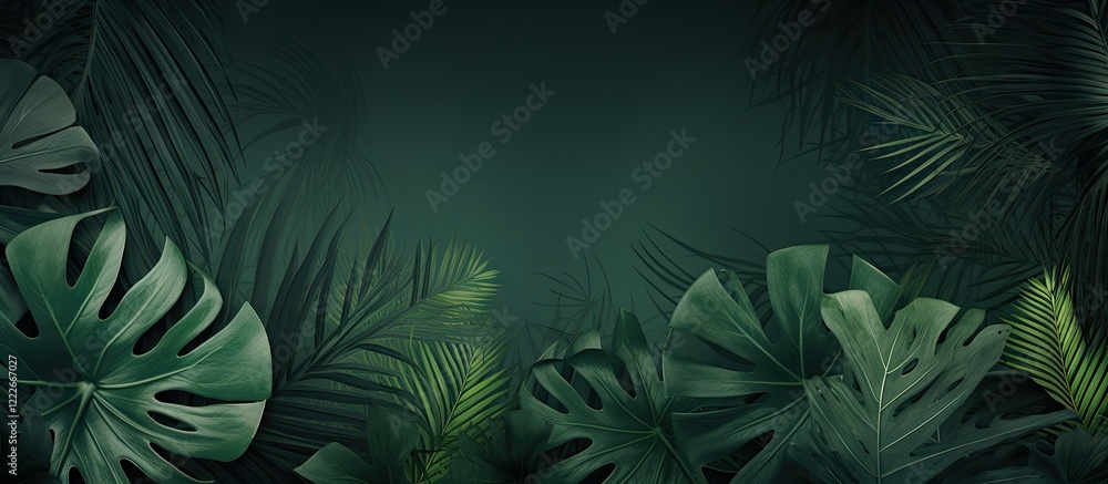 Tropical dark green foliage background with large banana leaves and palm fronds, featuring a lush textured pattern in various shades of green. Tropical dark green foliage background with large banana leaves and palm fronds, featuring a lush textured pattern in various shades of green.