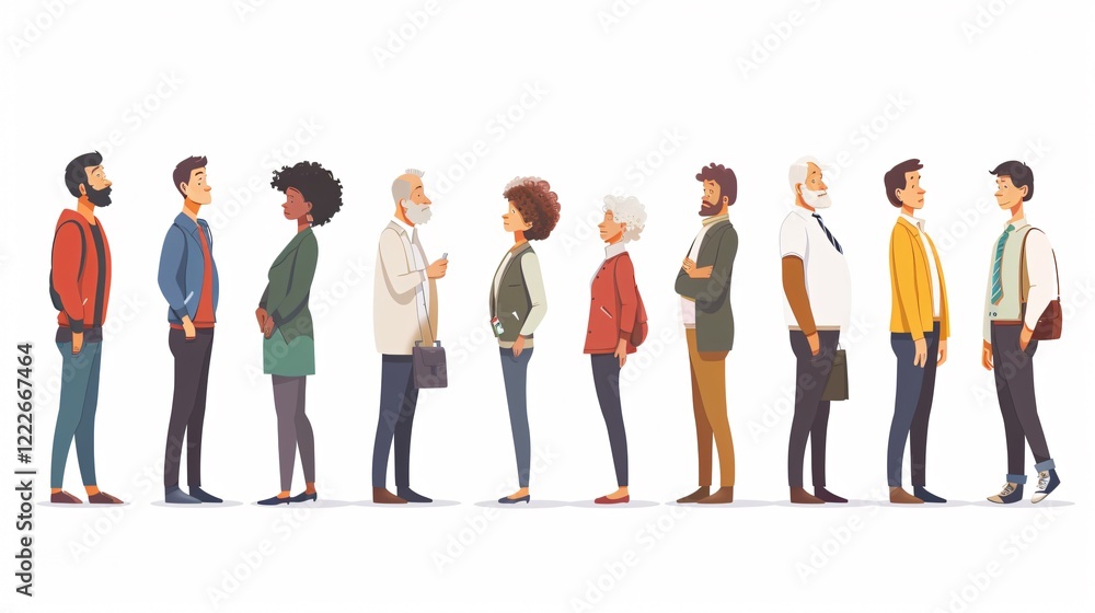 Diverse Social Worker Assisting People in Queue. Multicultural Men and Women Waiting Patience. Busy Crowd Concept.