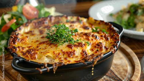 Wallpaper Mural A warm dish of lasagna, bubbling with melted cheese and garnished with fresh herbs, sits on a wooden surface next to a colorful salad of tomatoes and greens. Torontodigital.ca